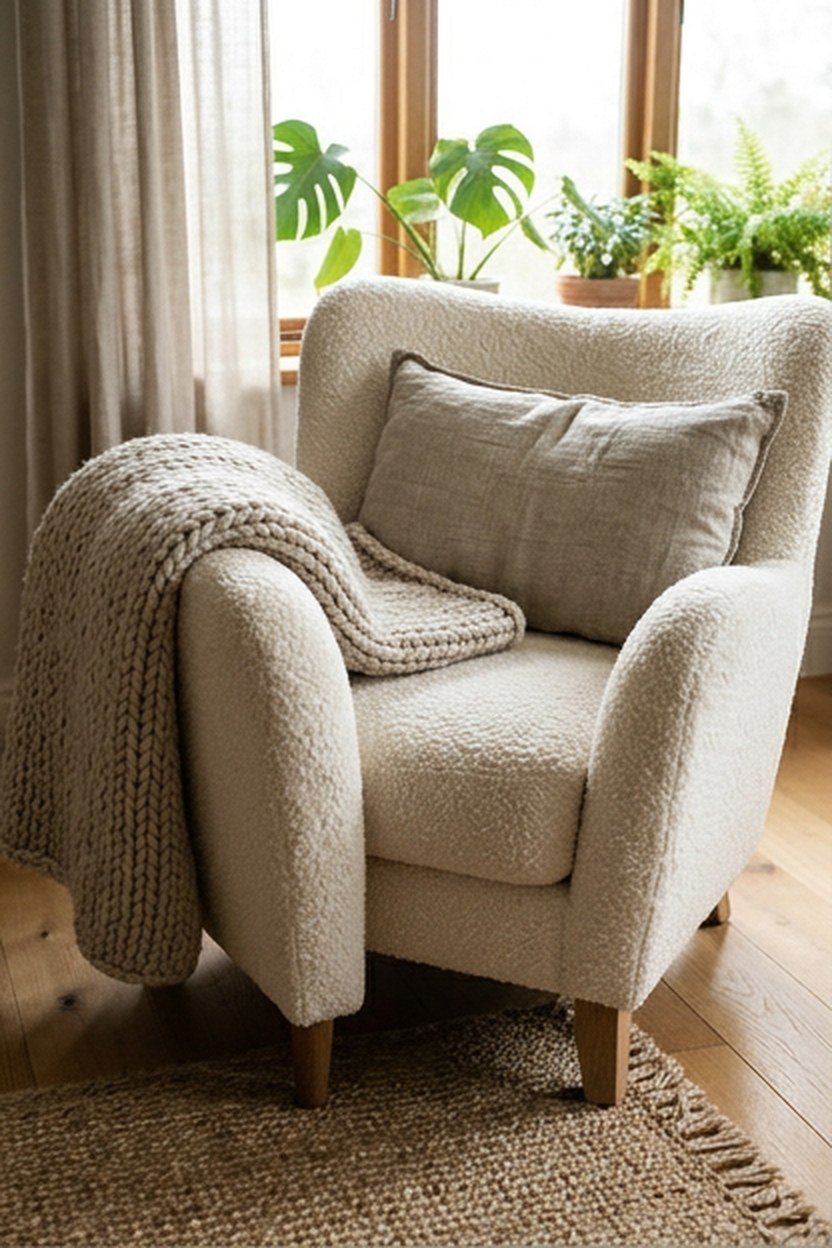 Linen, wool and boucle textures layered on a minimalist living room chair