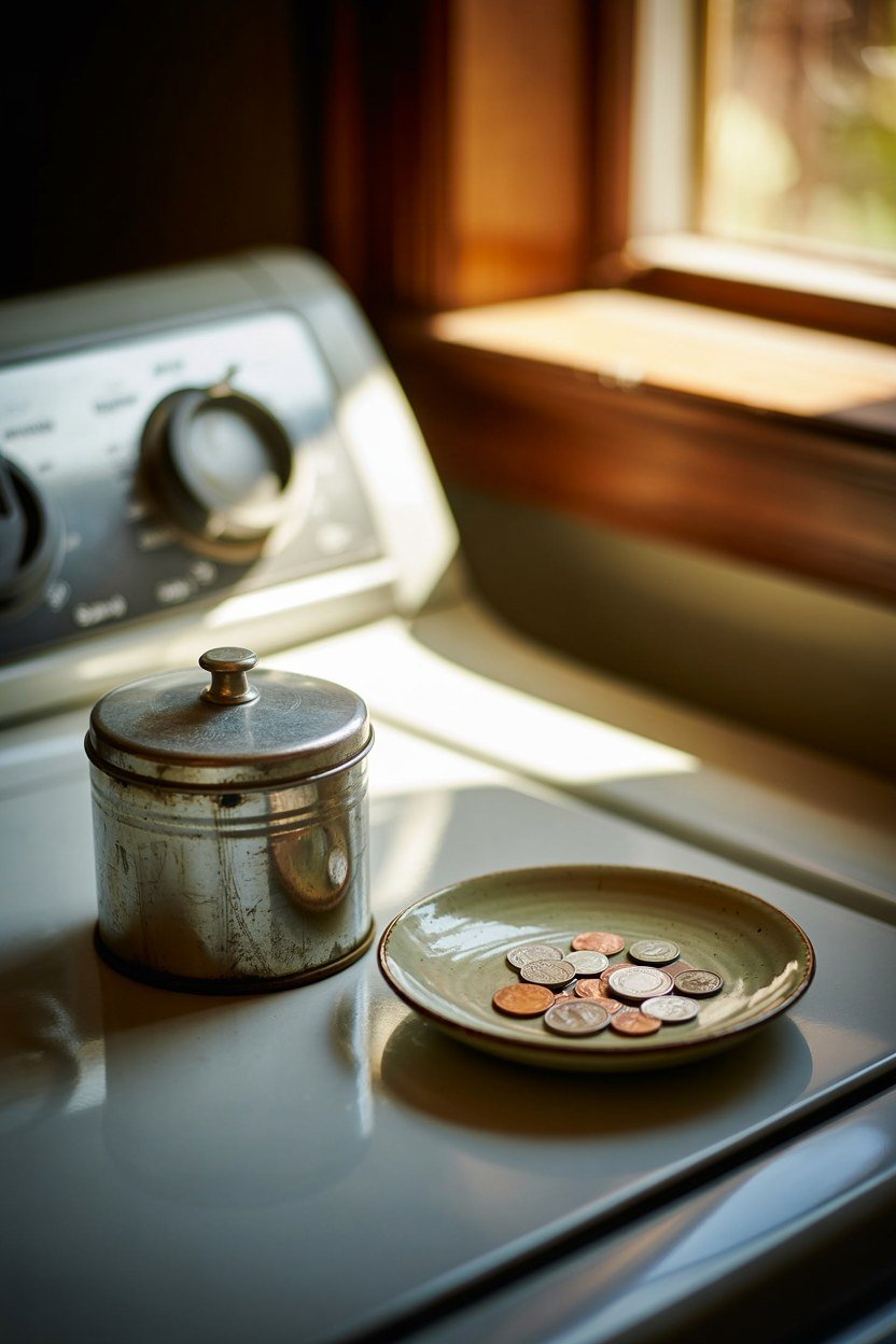 A small metal lint container beside a dryer with a coin dish