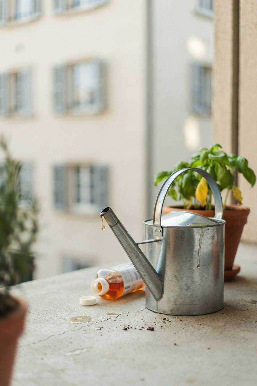 Liquid feed being measured into a watering can on a balcony