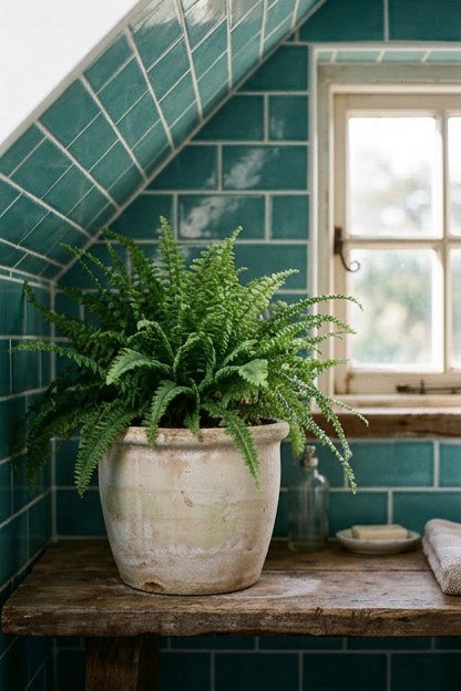 A live fern in a ceramic planter positioned in a humid teal attic bathroom