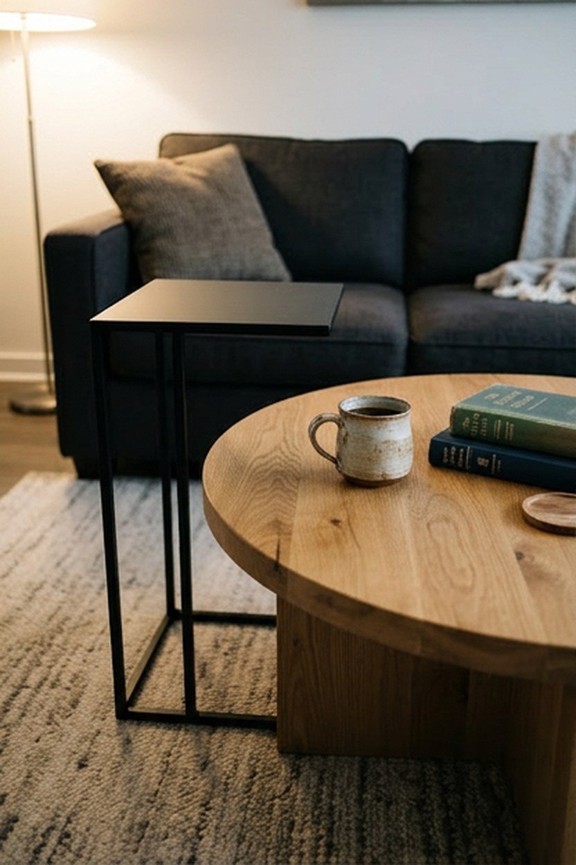 Round oak coffee table and a C-shaped side table within reach of the living room sofa
