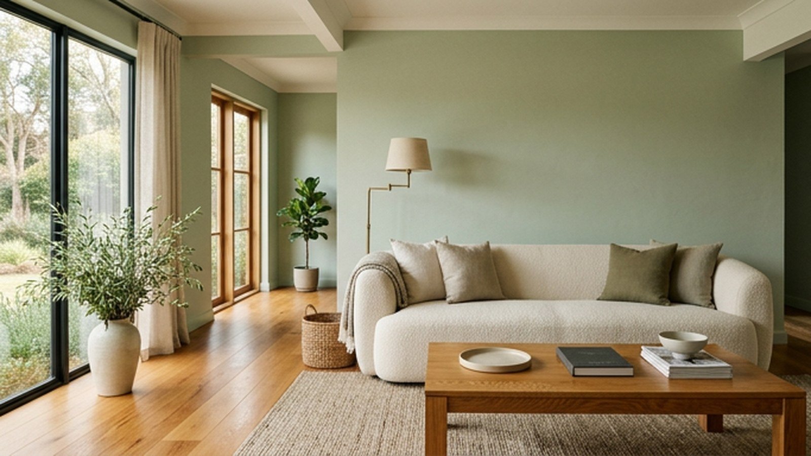 Modern living room color combinations with sage walls, cream sofa and oak furniture