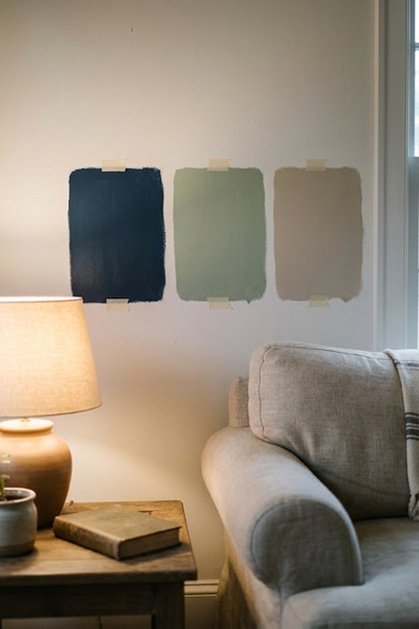 Large paint swatches tested beside a sofa before choosing living room colors
