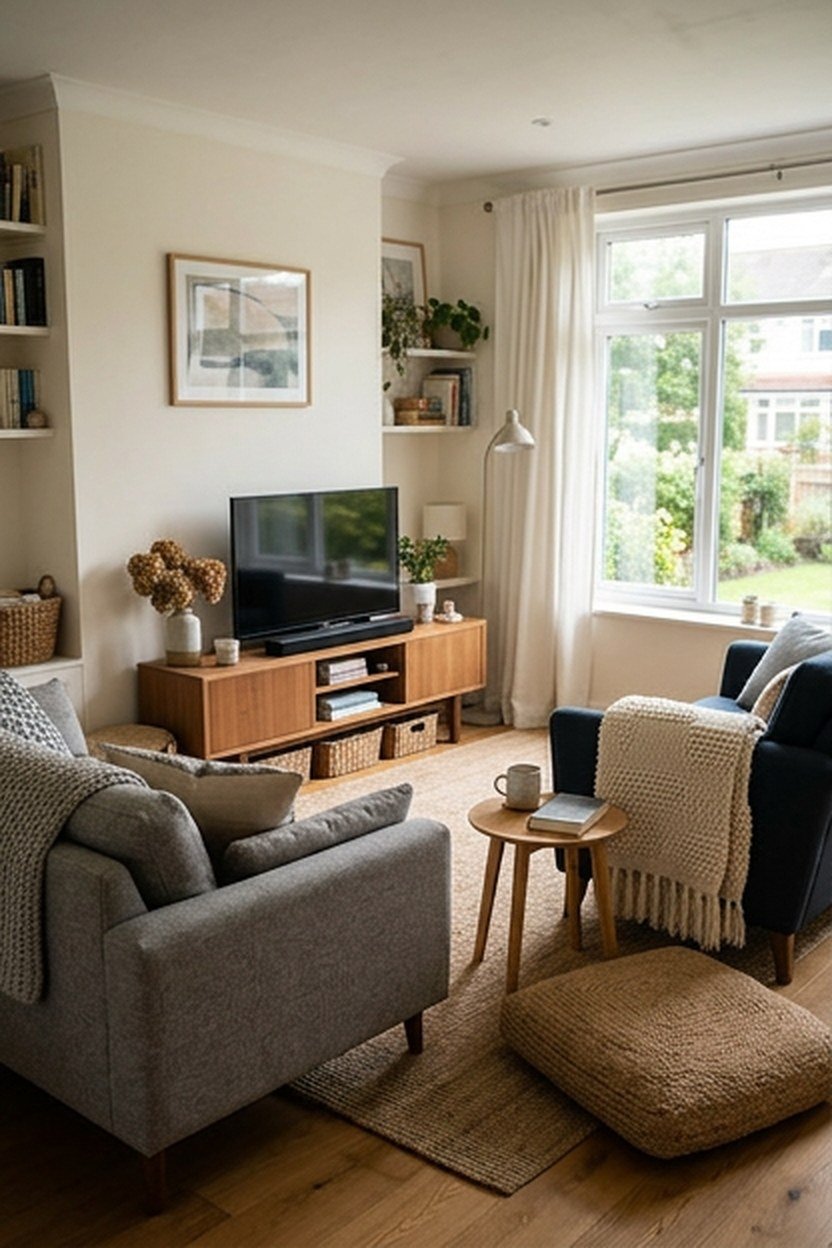 Living room planned for everyday use with a reading chair and wool throw by the window