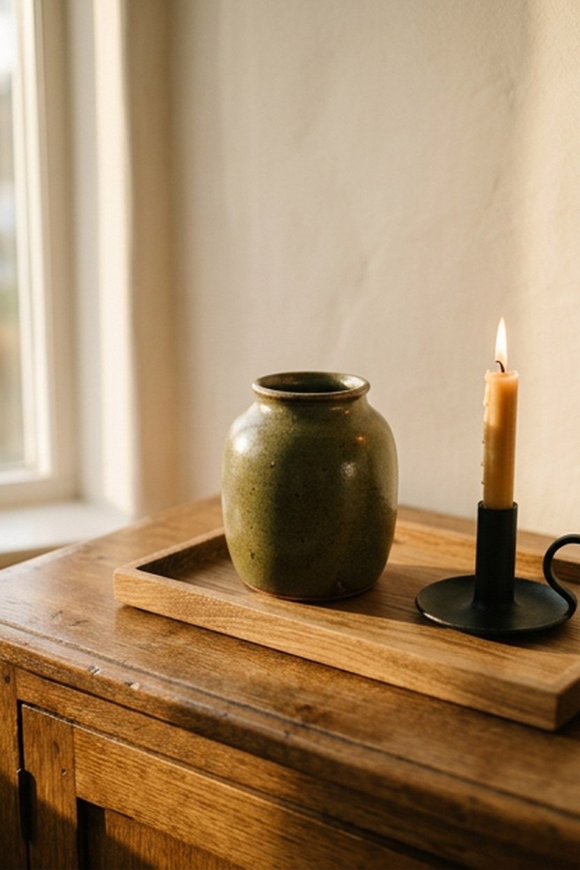 Restrained living room palette of oak, black metal and an olive ceramic vase