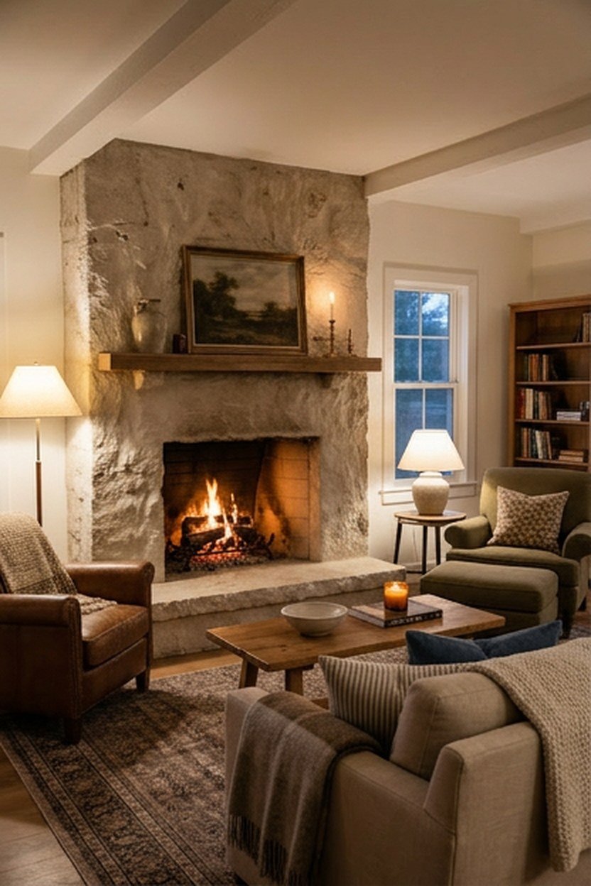 Living room furniture arranged around a fireplace as the single focal point