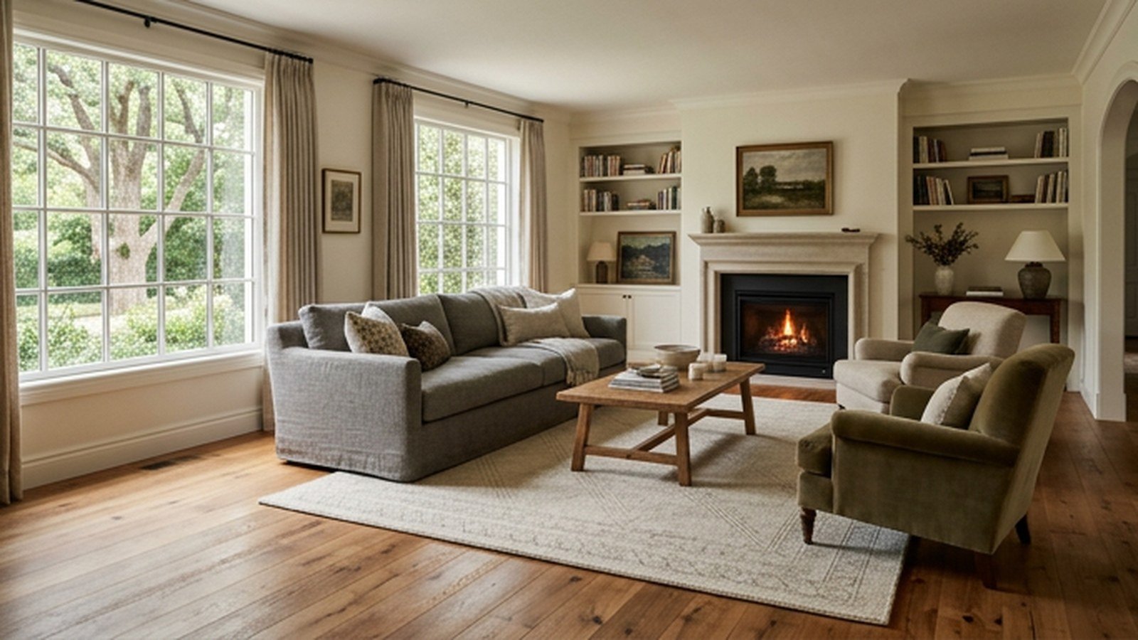 Living room furniture arrangement with a floated sofa, two chairs and a large rug