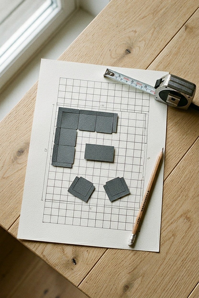 Measuring a living room and sketching a furniture plan on squared paper