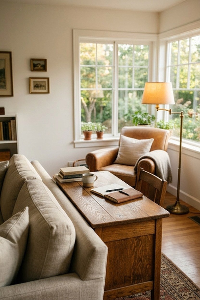 Reading corner and a small desk fitted into a multi-purpose living room