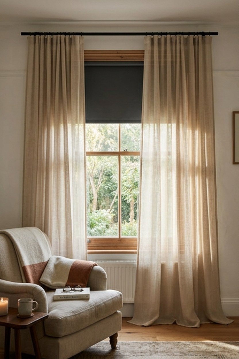 Sheer linen curtains on a high rod with a blackout blind in a living room window
