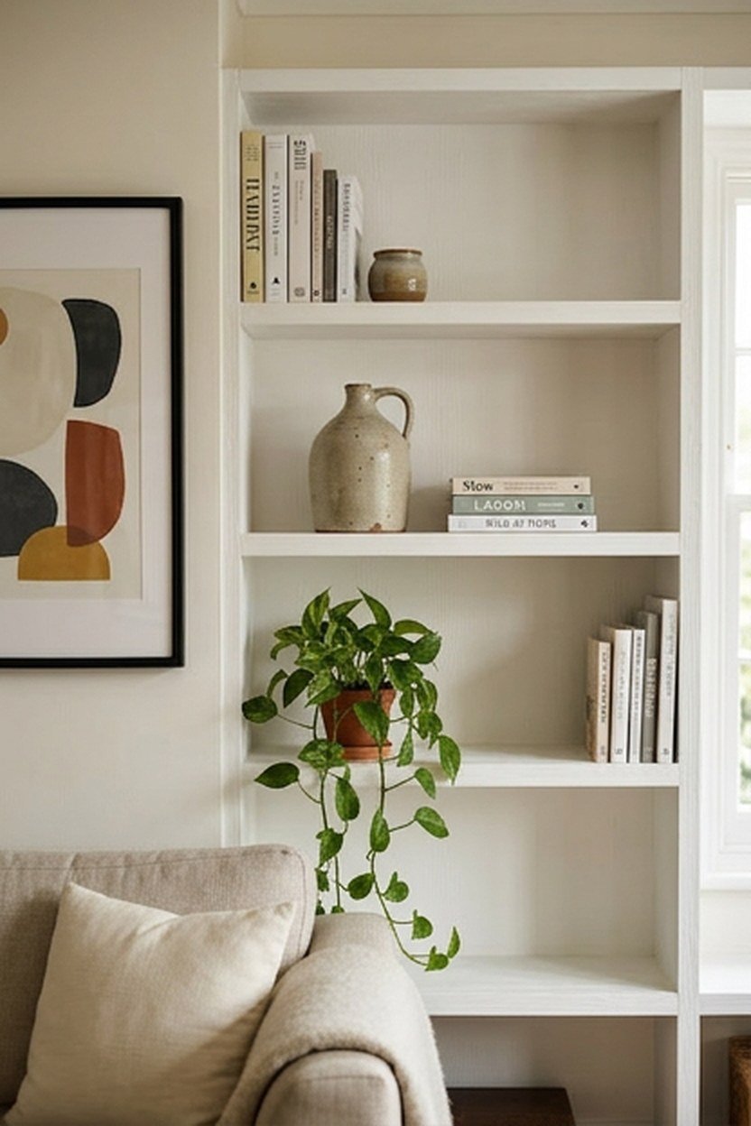 Living room shelves styled in small groups with a third of each shelf left empty