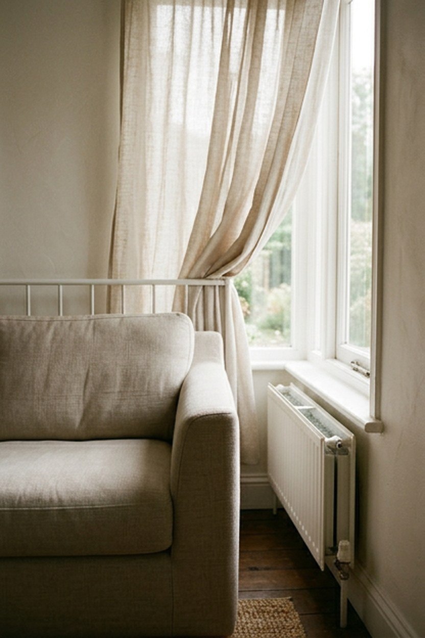 Low sofa placed under a window with a gap for curtains and heat