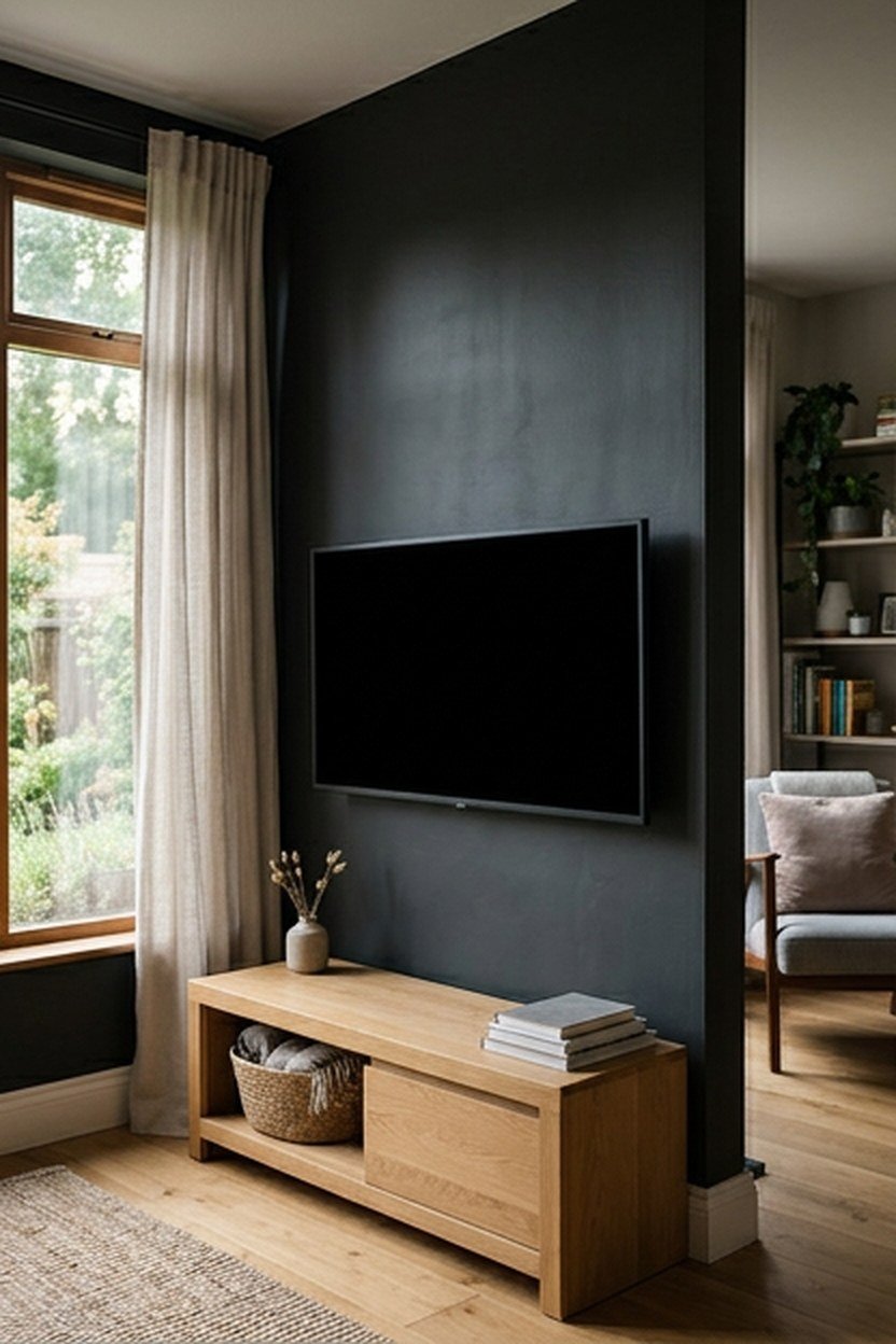 TV mounted on a side wall away from window glare in a living room