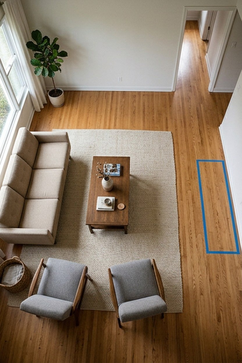 Living room layout with a clear walkway beside the seating group