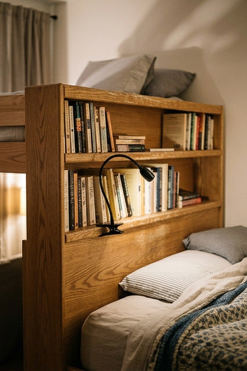 A loft bed with a built-in bookshelf integrated into the headboard