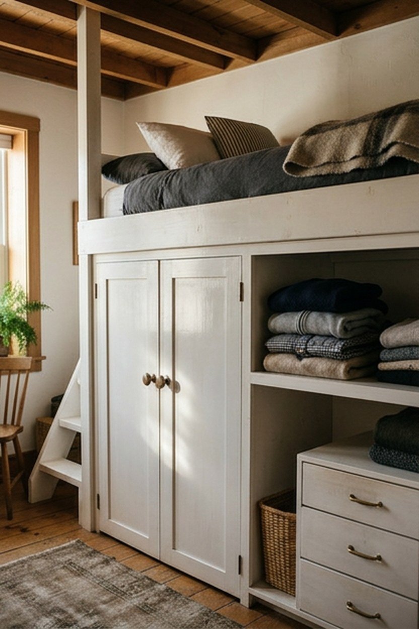A loft bed with an integrated closet and drawer unit built underneath