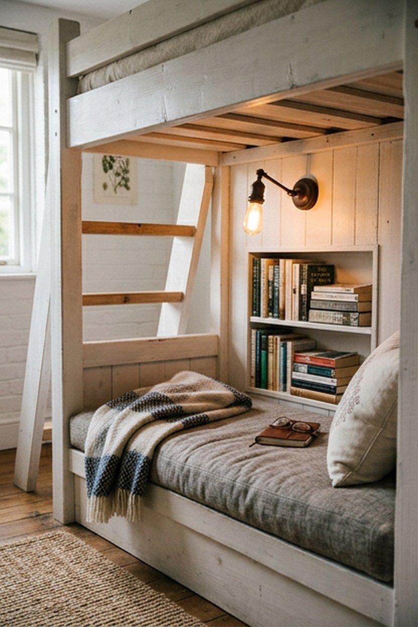 A cozy built-in reading nook tucked underneath a loft bed