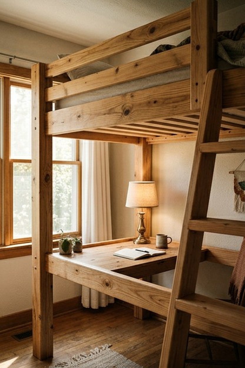 A loft bed with a desk area beneath it in a studio apartment