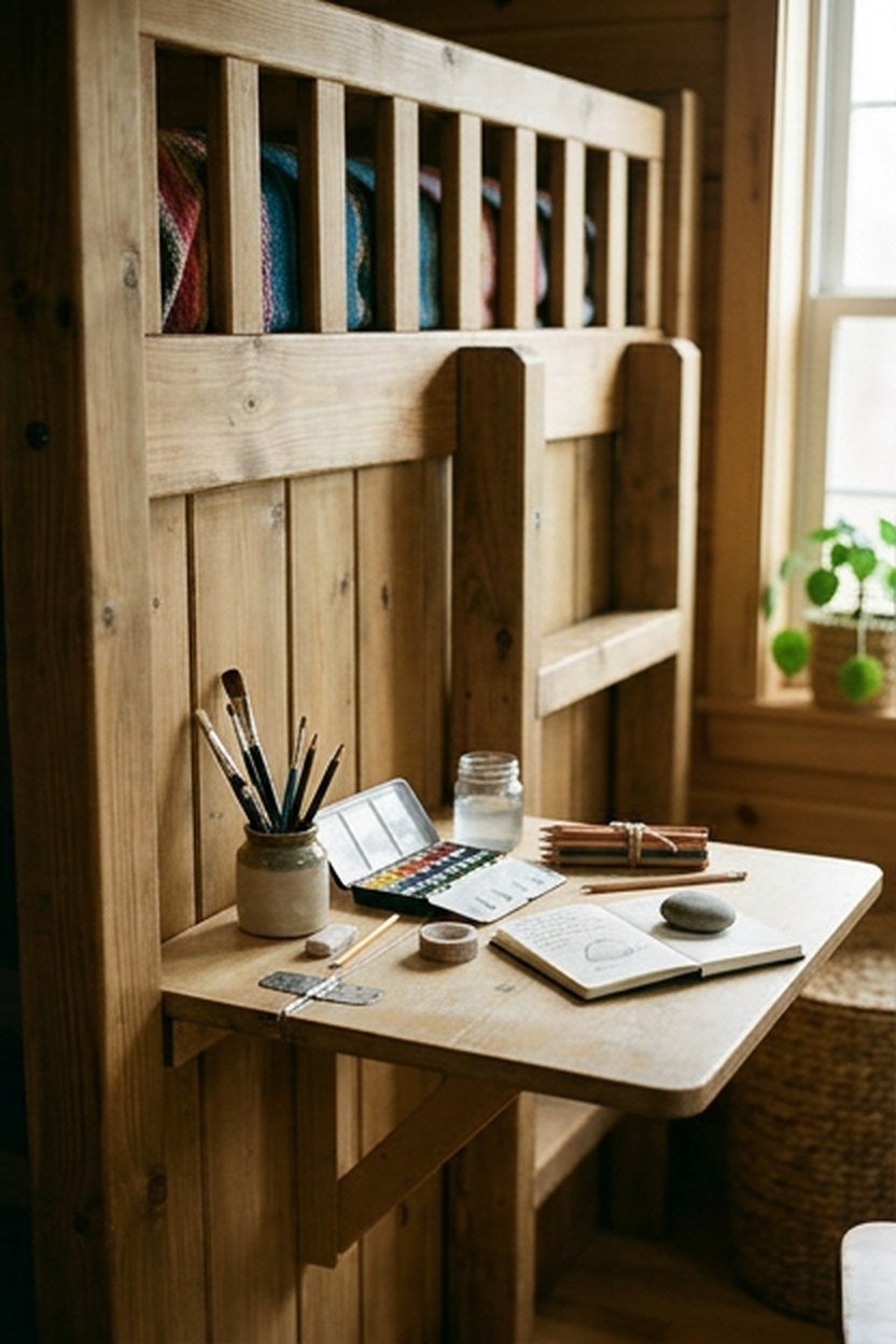 A loft bed with a fold-down craft table attached to the side of the frame