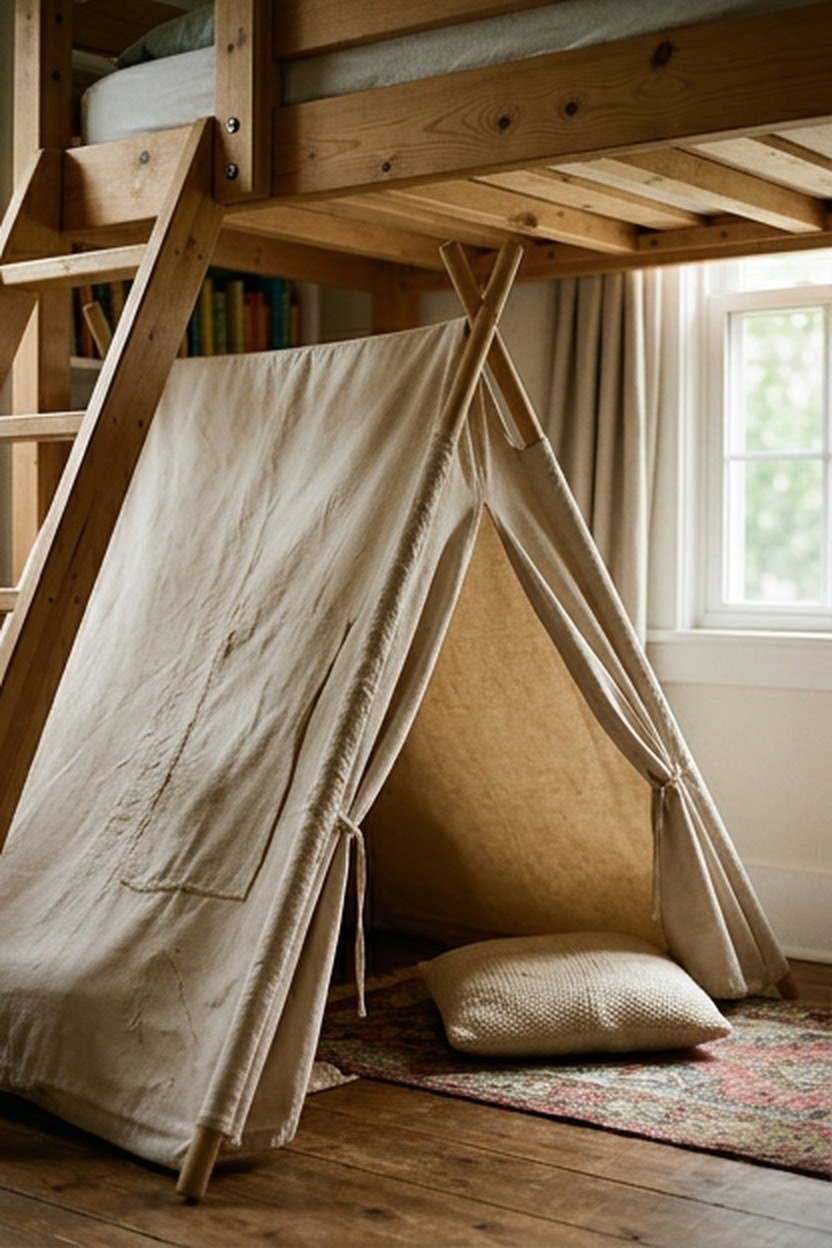 A loft bed with a fold-down play tent set up underneath the platform