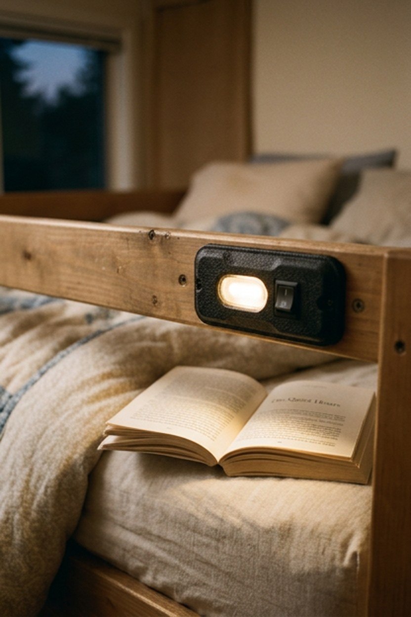 A loft bed guardrail with integrated LED reading lights built in