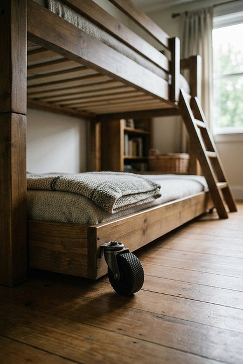 A pull-out trundle bed extended from underneath a loft bed frame