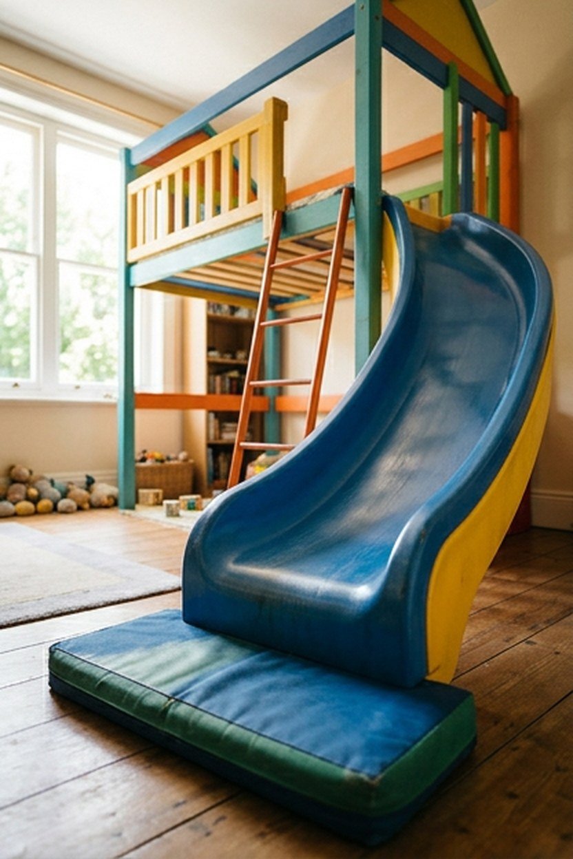 A loft bed with an integrated slide designed for younger children