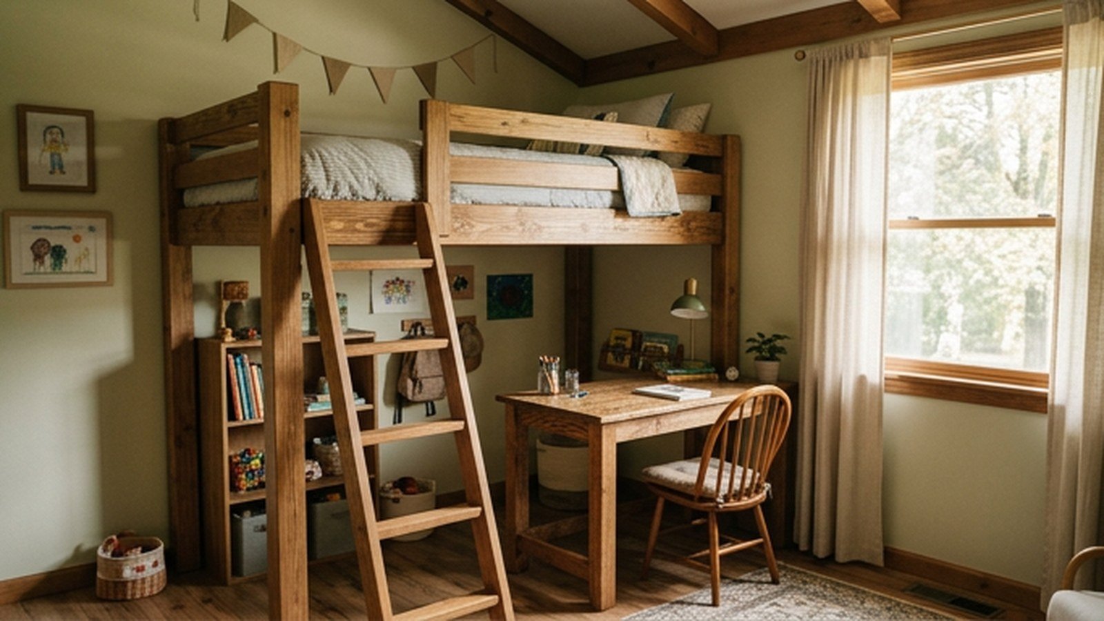 A loft bed with a desk underneath in a small kids bedroom