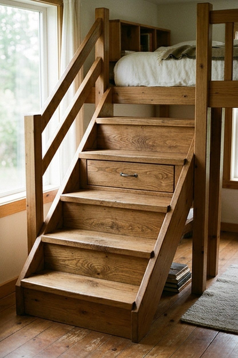 A loft bed built with wide storage stairs instead of a vertical ladder