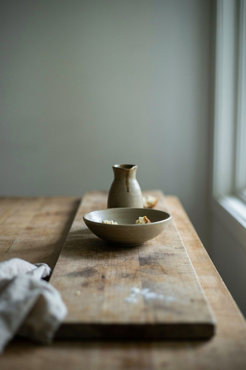 A low line of board, bowl and jug arranged down the middle of a kitchen table