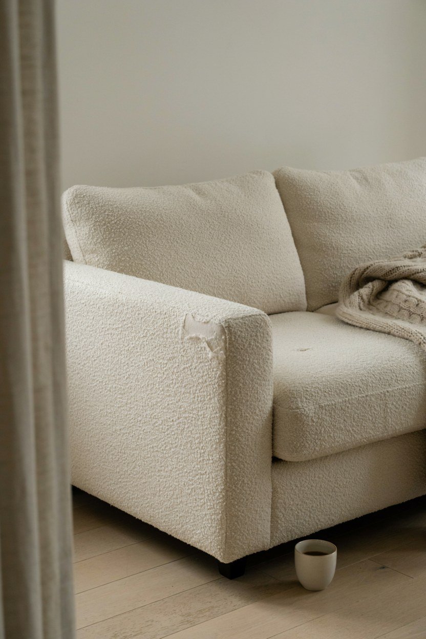Low deep bouclé sofa with generous cushions in a neutral room