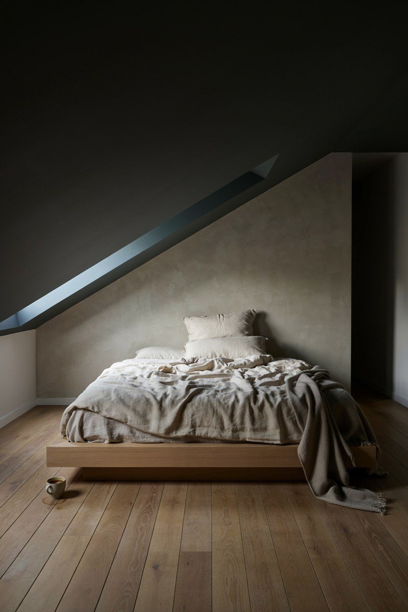 Low platform bed positioned under the lowest part of an attic slope