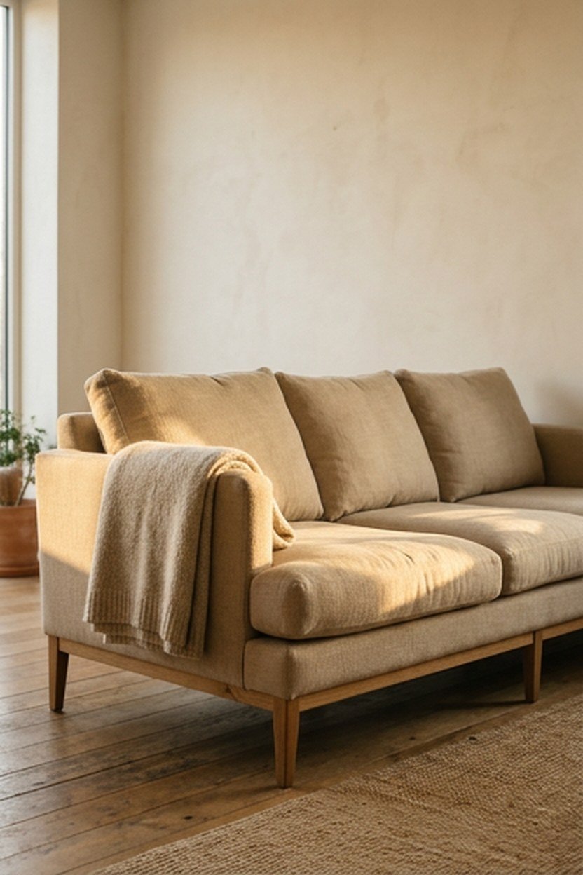 Low sand colored sofa with loose back cushions in a warm minimalist living room