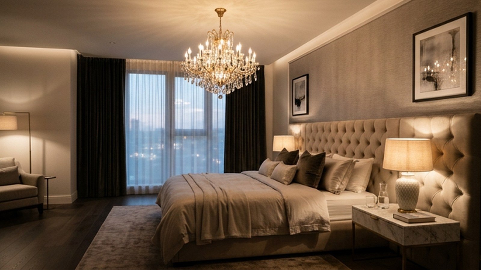 A glamorous crystal chandelier hanging above a modern luxury bedroom