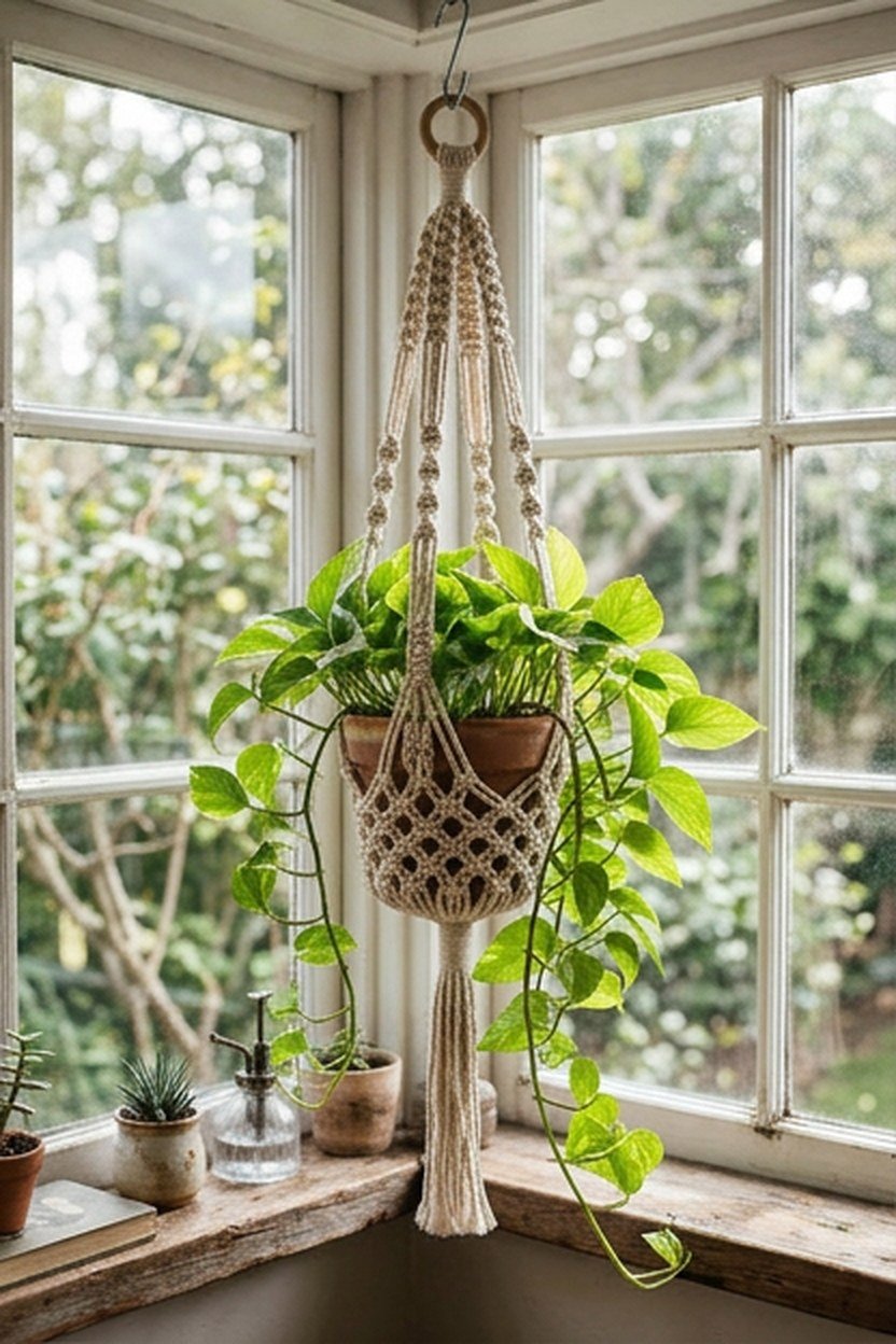 A macrame plant hanger suspending trailing greenery in a sunroom