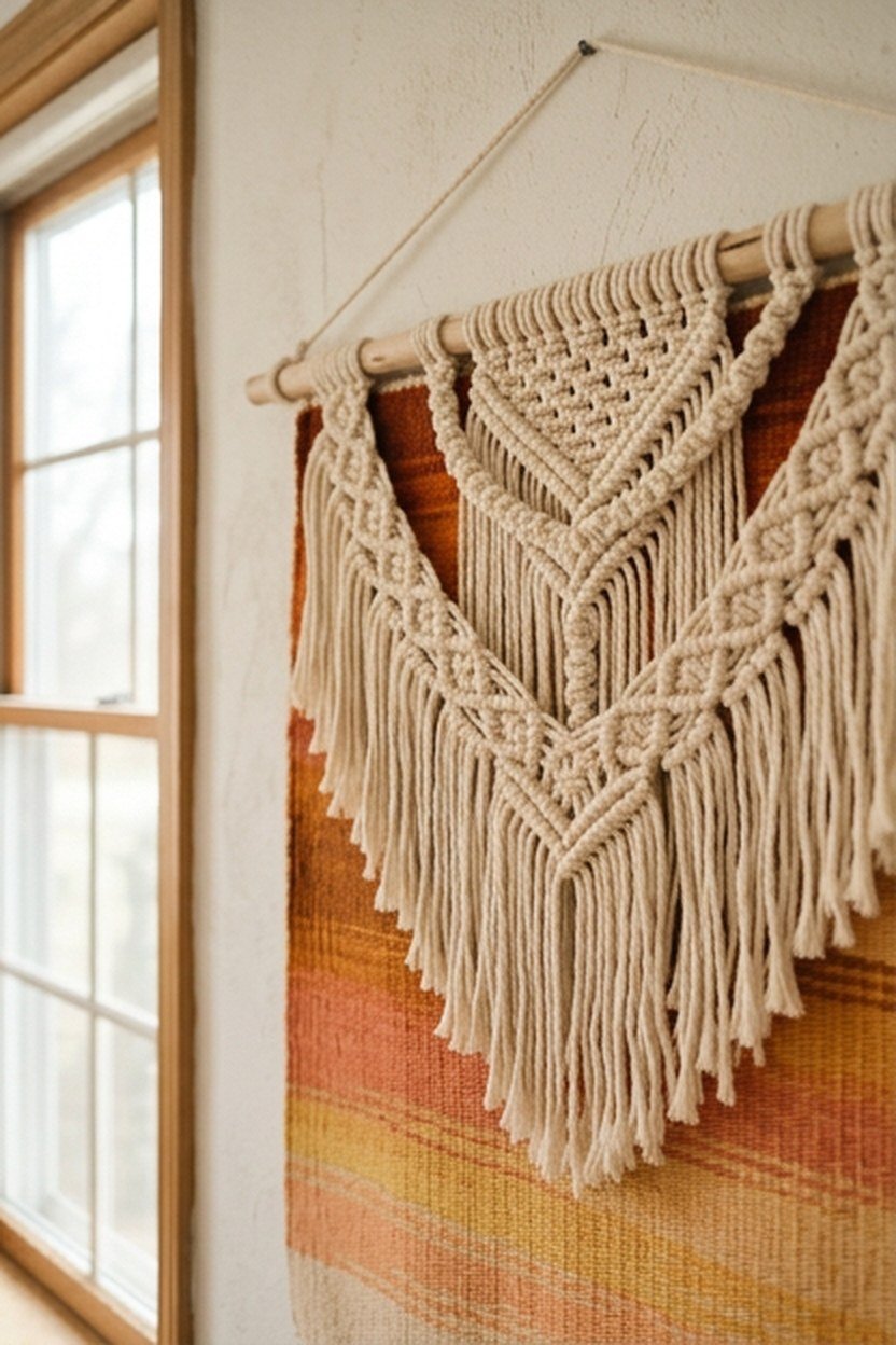 A macrame wall hanging layered over a sunset tapestry