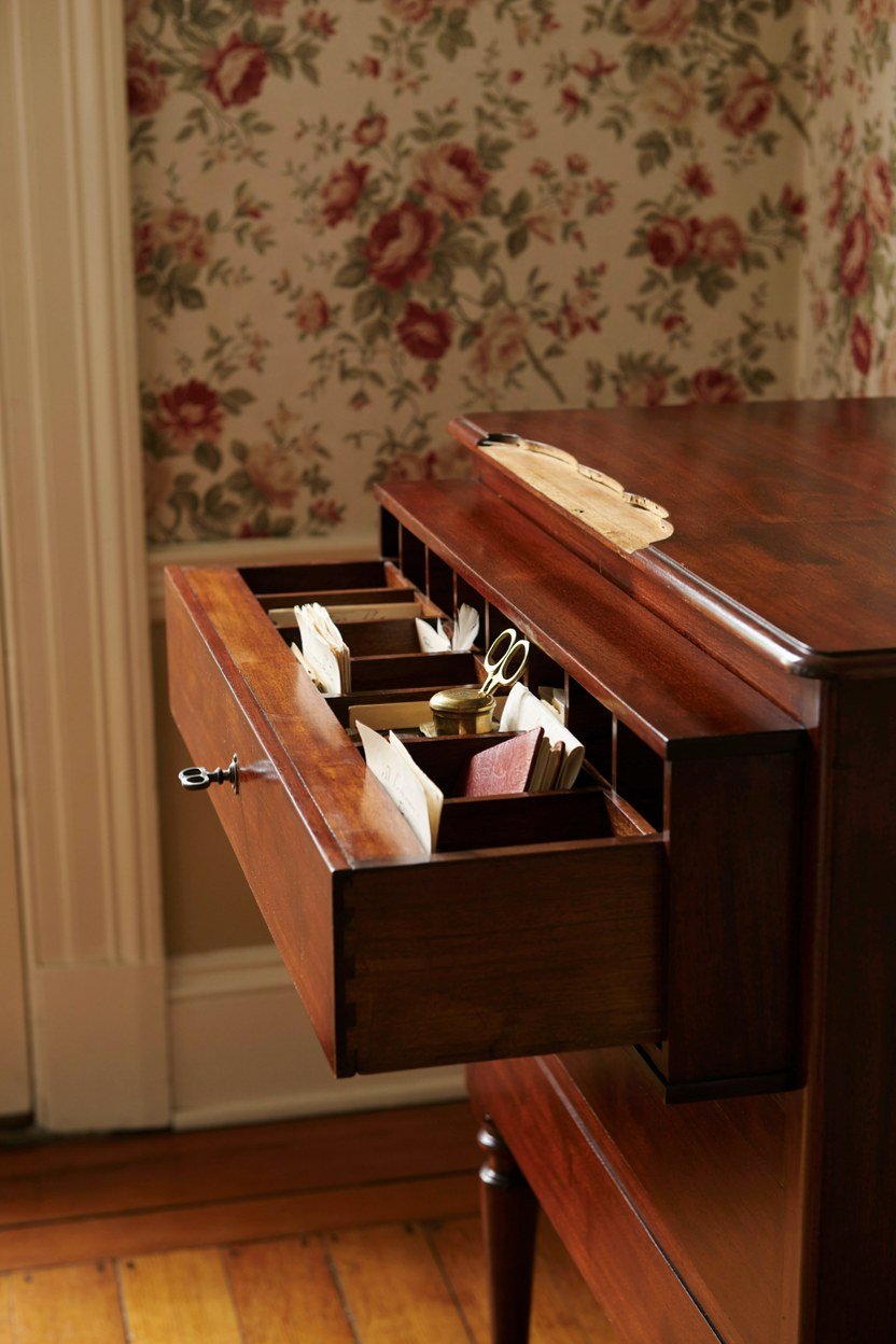 Polished mahogany bureau with the drop front open in a floral office