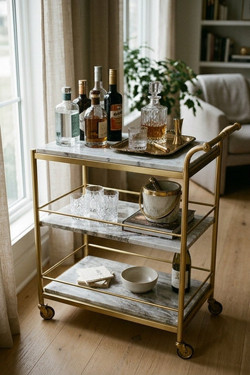 A marble shelf bar cart with gold accents in a dining room