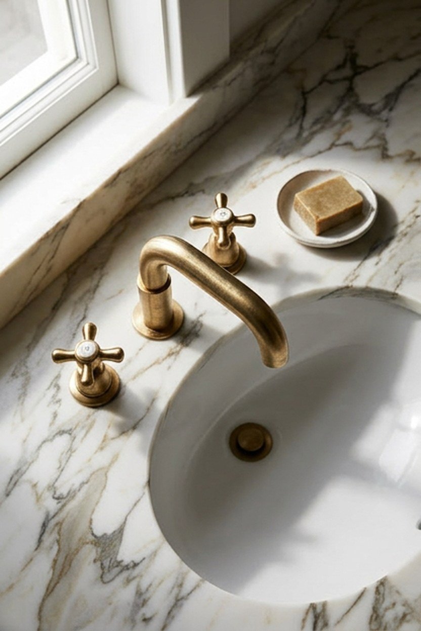 A marble bathroom countertop with gold faucet fixtures