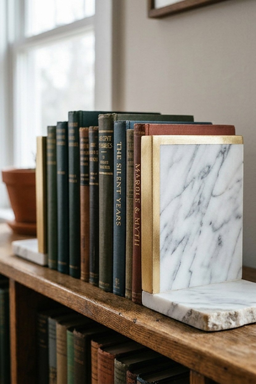 Marble bookends with gold detailing on a bookshelf