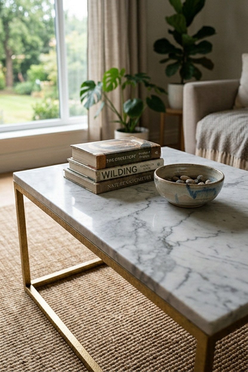 A marble coffee table with a gold base in a living room