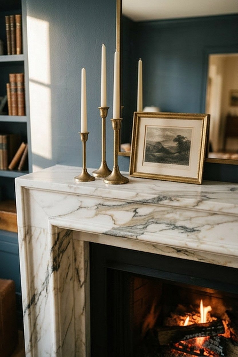 A marble fireplace surround with gold mantel accents