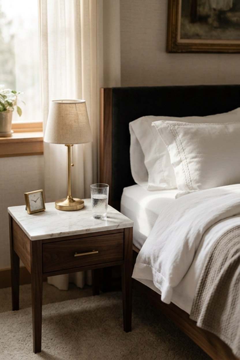 A genuine marble top nightstand beside a luxury bedroom bed