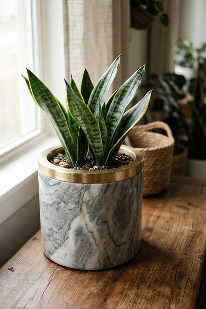 A marble planter with gold trim holding an indoor plant