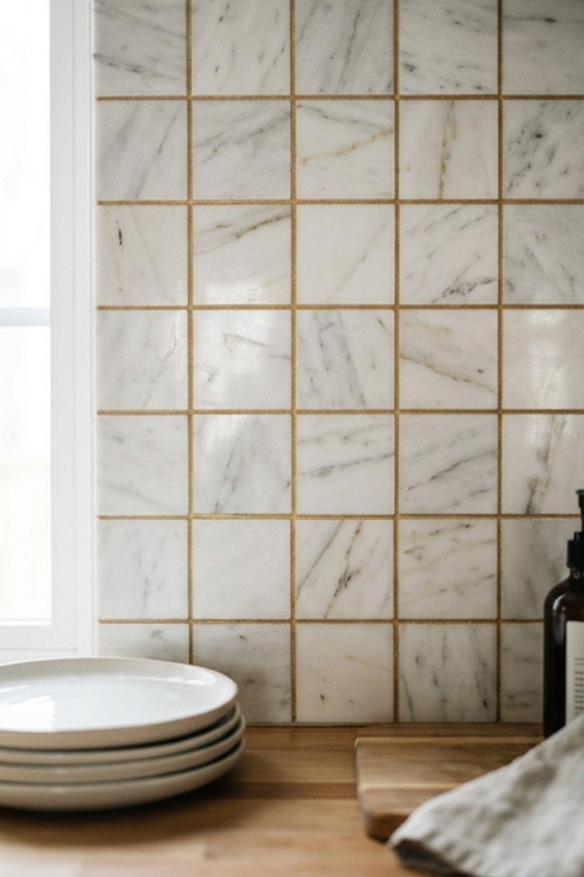 A marble tile backsplash with a gold grout accent in a kitchen