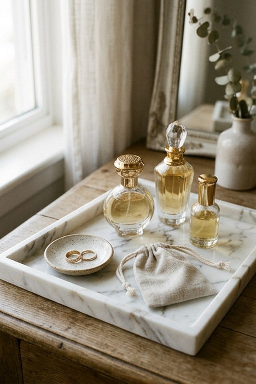 A marble vanity tray styled with gold capped perfume bottles