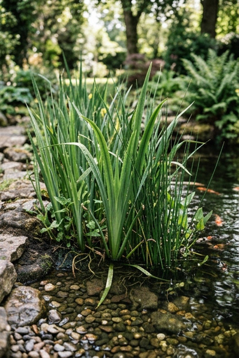 A marginal planting shelf with aquatic species beside a koi pond