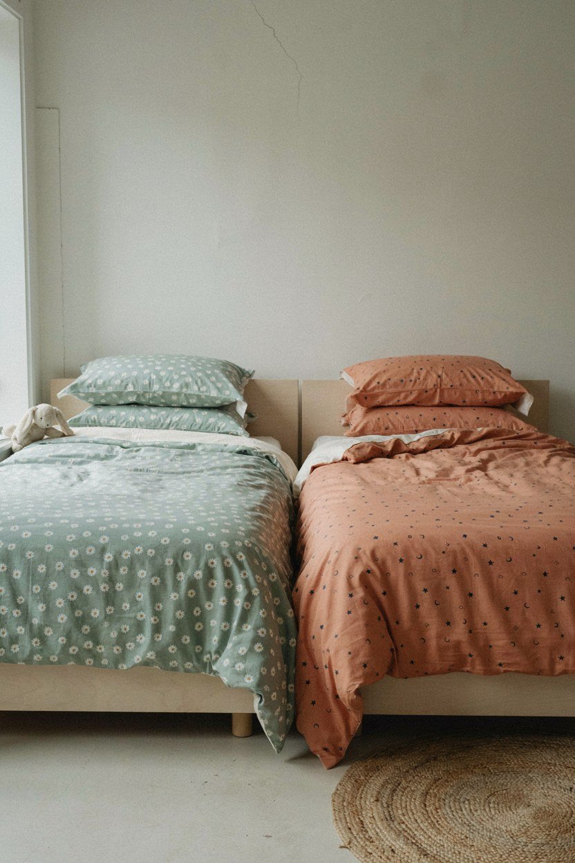 Two beds with matching bedding sizes but different patterns