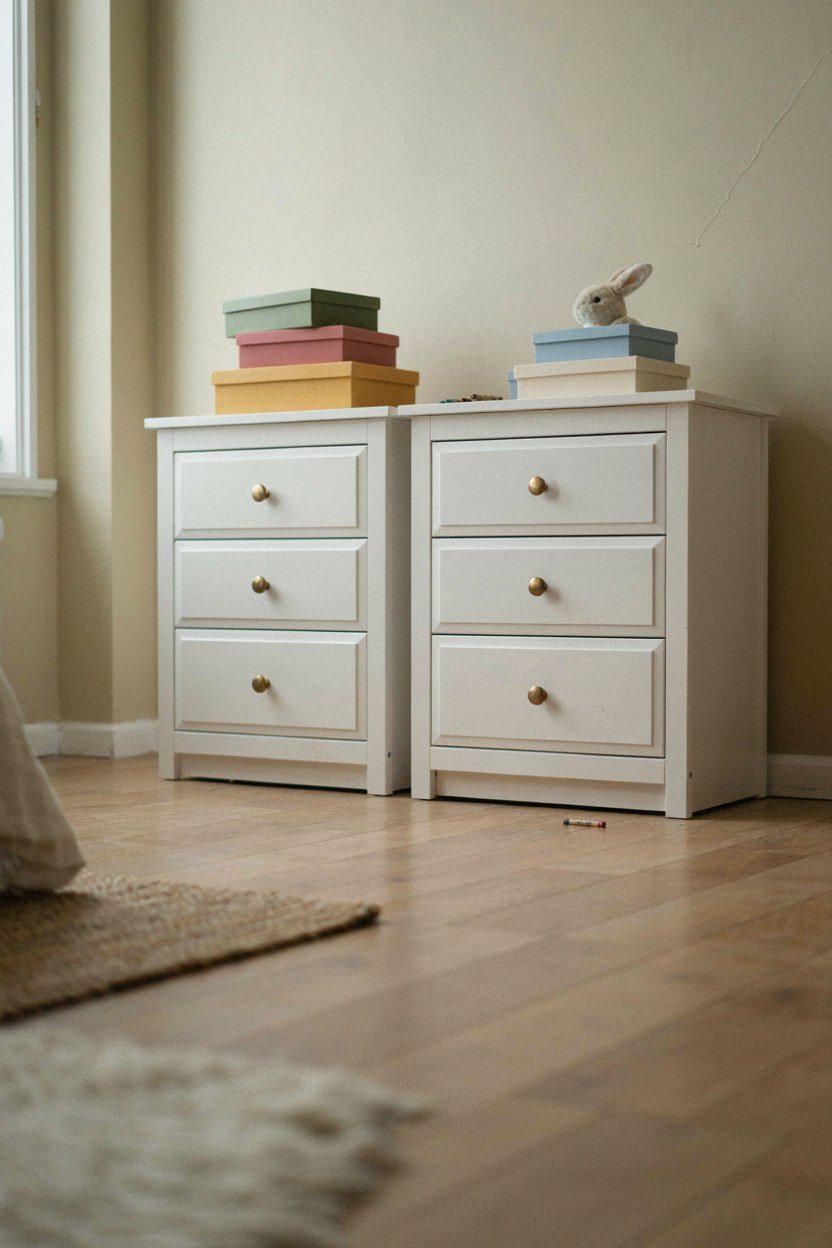 Two identical chests of drawers in a shared kids bedroom