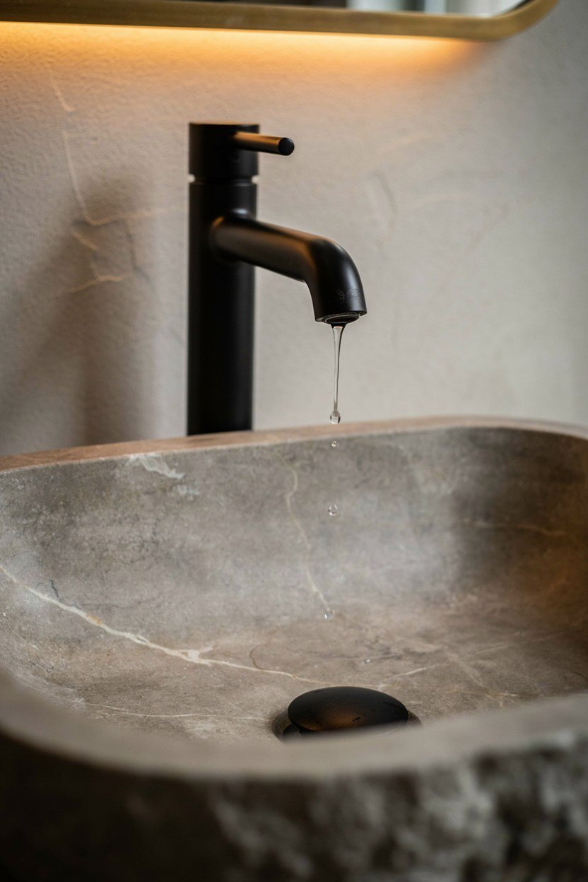 Matt black tap and waste fitted to a stone basin